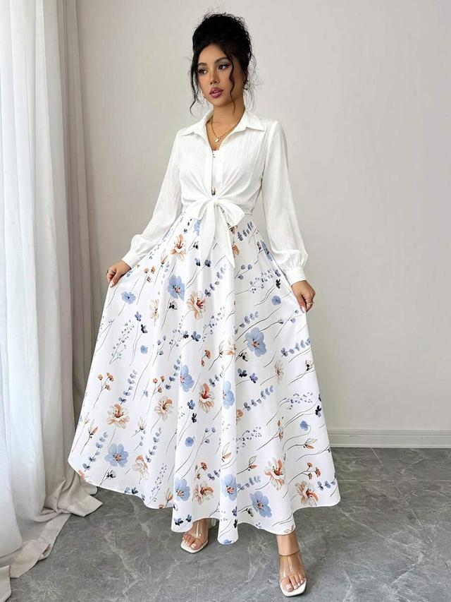 elegant ditsy floral dress and tie-front jacket set