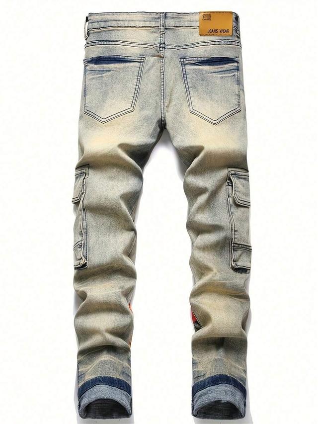 punk street retro blue multi pocket slim fit jeans