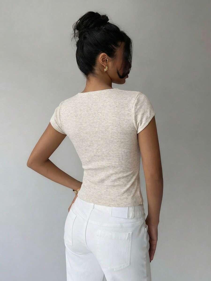 light beige v-neck ruched fitted short sleeve top