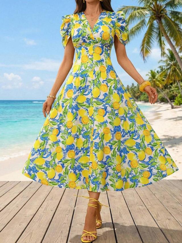 v neck puff sleeve tropical print a line dress