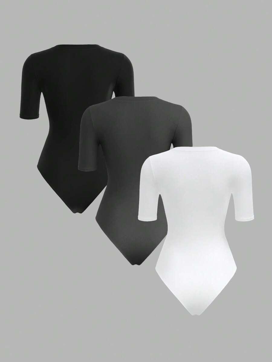white knitted round neck short sleeve bodysuit