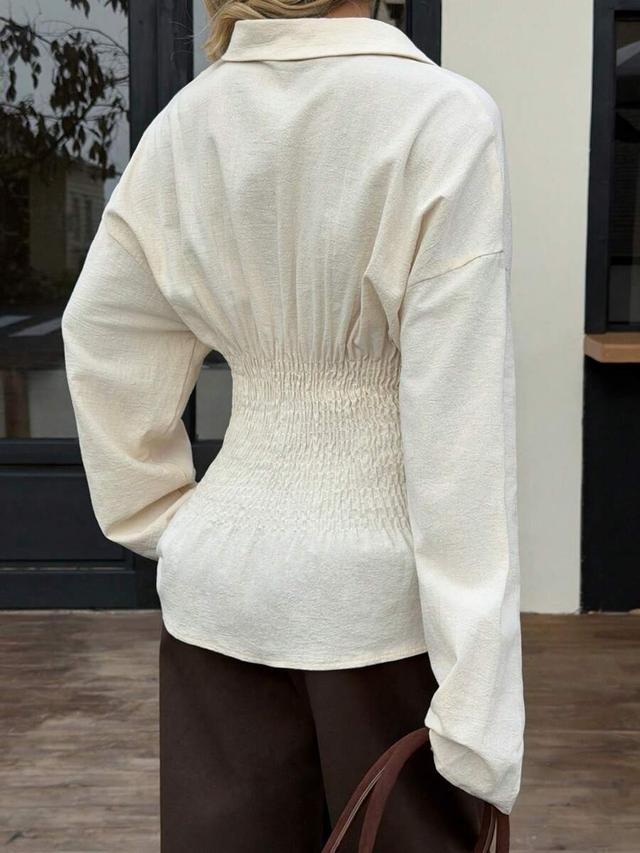 siren gaze 100cotton collared long sleeve shirred waist blouse
