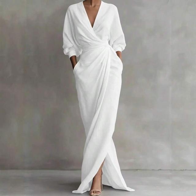 white wrap midi dress with draped waist