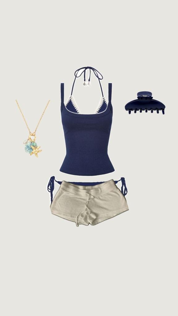 navy ribbed halter bikini top with white trim