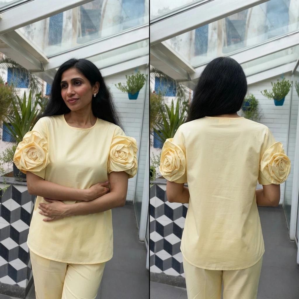 pale yellow cotton co-ord set with 3d rose sleeves