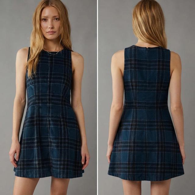 sleeveless navy plaid wool blend shift dress