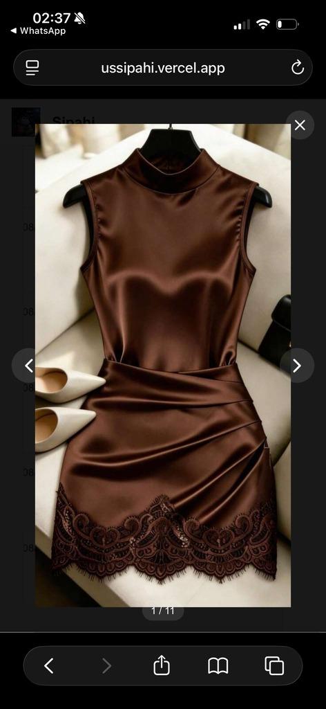 chocolate brown satin mini dress with lace hem