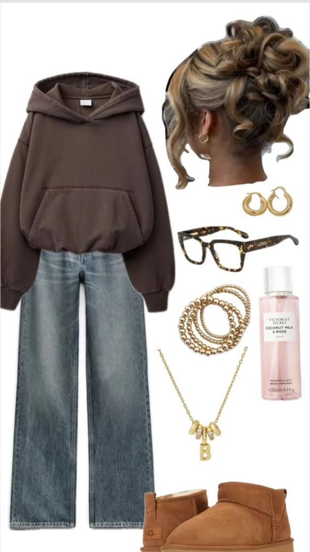 brown oversized hoodie with blue wide-leg denim jeans
