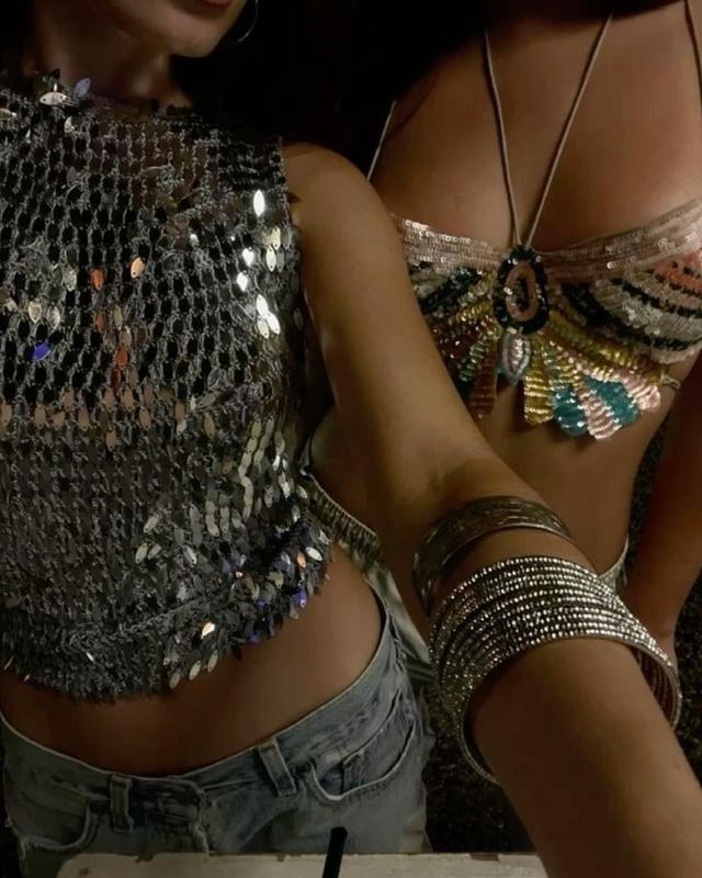 Black Sequined Mesh Crop Top
