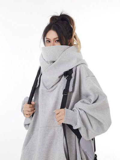 oversized grey cotton fleece funnel neck hoodie