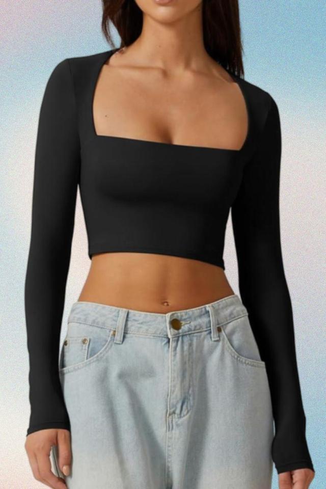black long sleeve square neck crop top