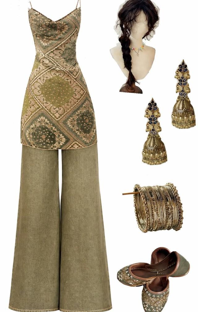 printed corset top with olive wide-leg trousers