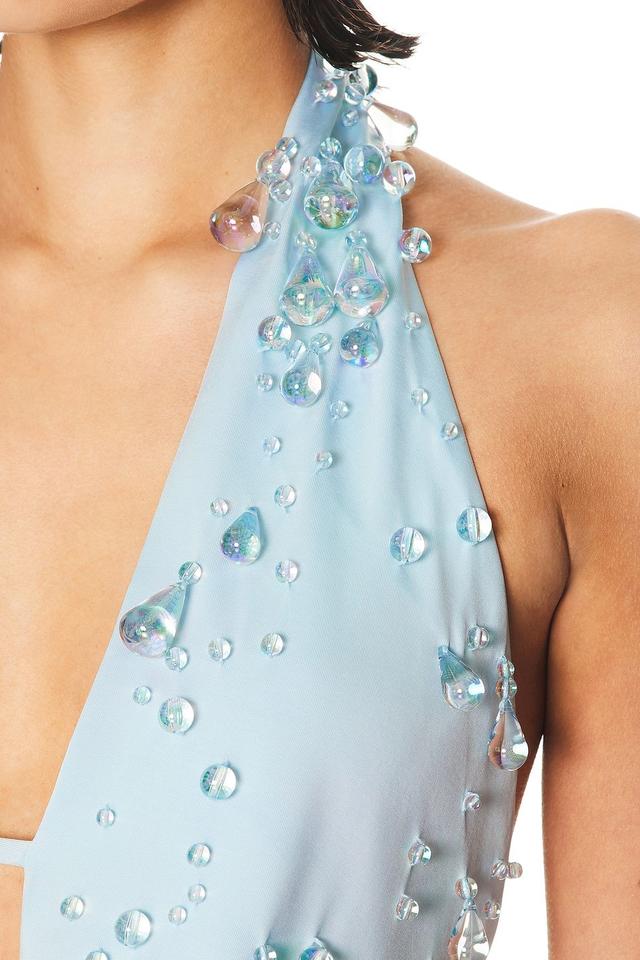 light blue halter top with iridescent bead embellishments