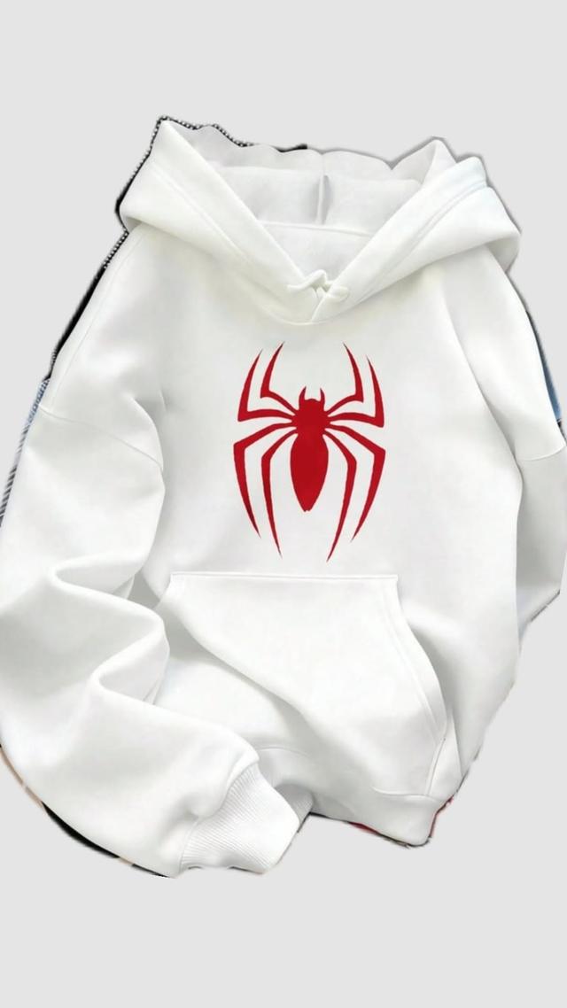 white cotton fleece hoodie with red spider graphic