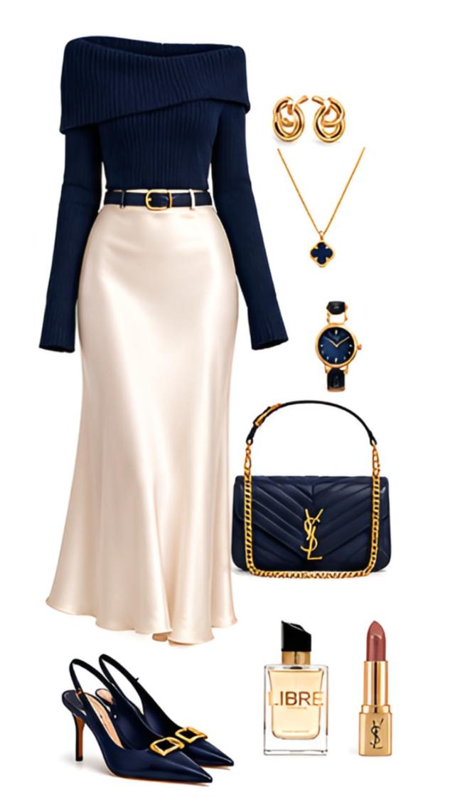 navy ribbed off-shoulder top and champagne satin midi skirt