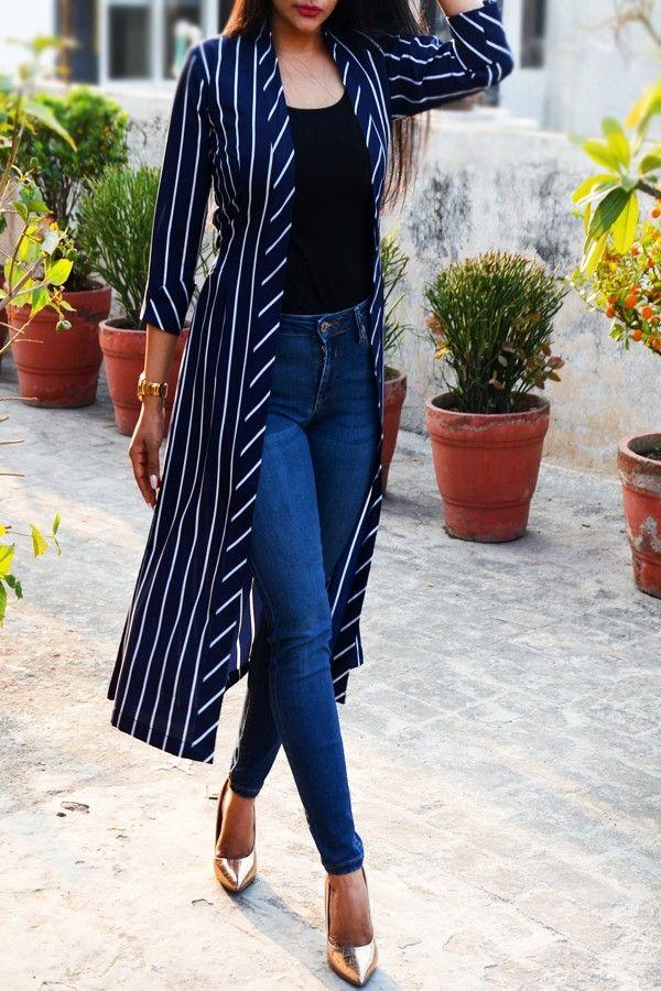 navy striped open front longline duster jacket