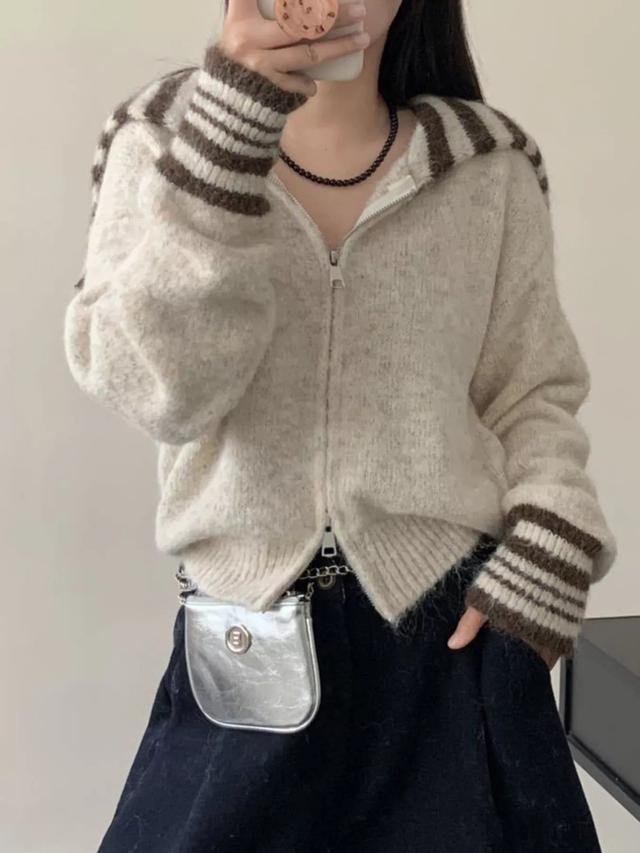cream and brown striped zip-up knit hoodie