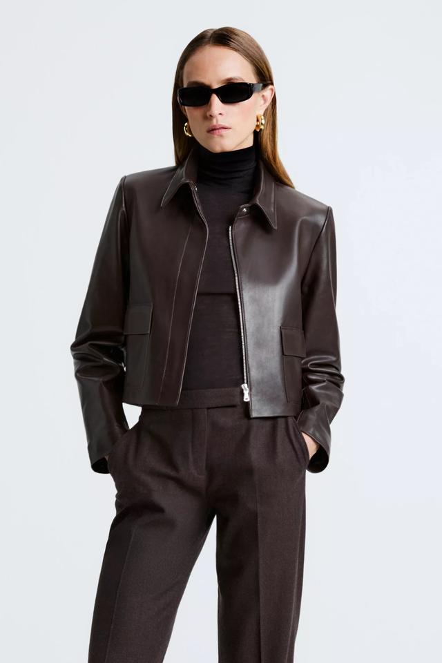 dark brown leather zip-up cropped jacket