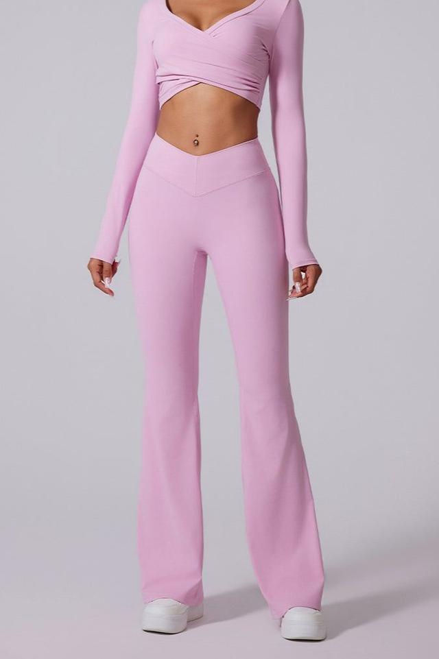 light pink v-waist flared yoga trousers