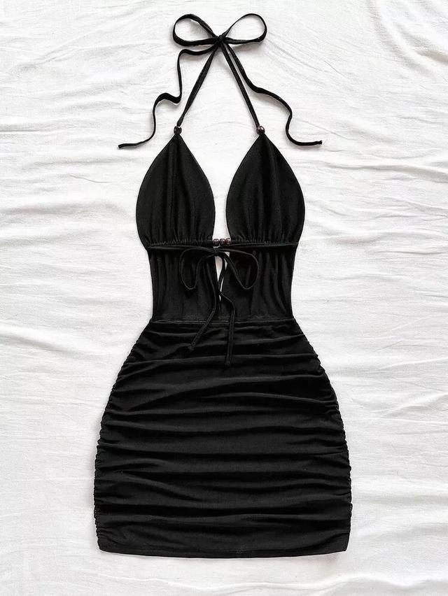 black ruched halter neck mini dress