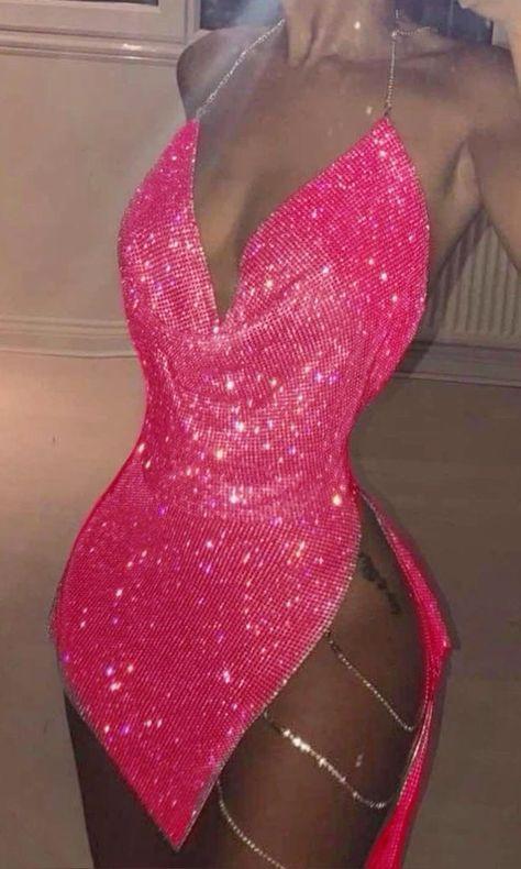 hot pink rhinestone chainmail cowl neck mini dress