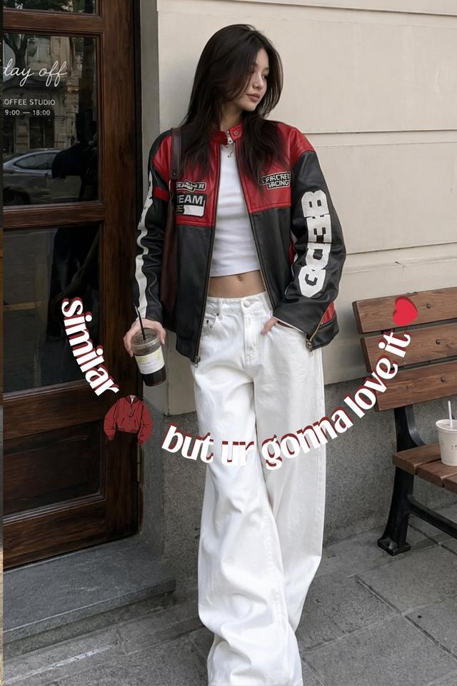 colorblocked faux leather racing jacket with graphic patches