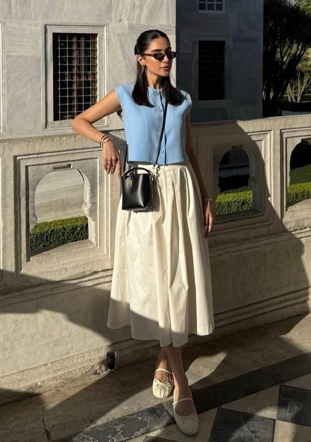 Cream Pleated Midi Skirt