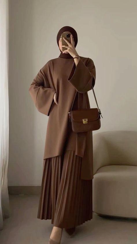 brown minimalist longline tunic and pleated skirt set