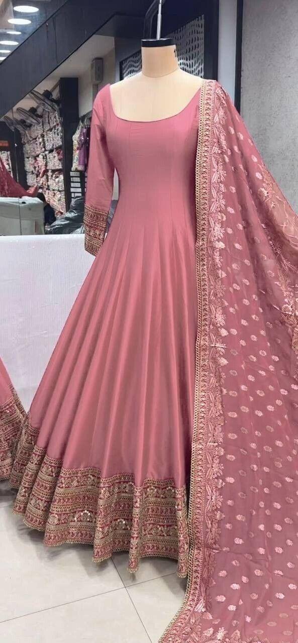 dusty rose silk anarkali dress with zari border