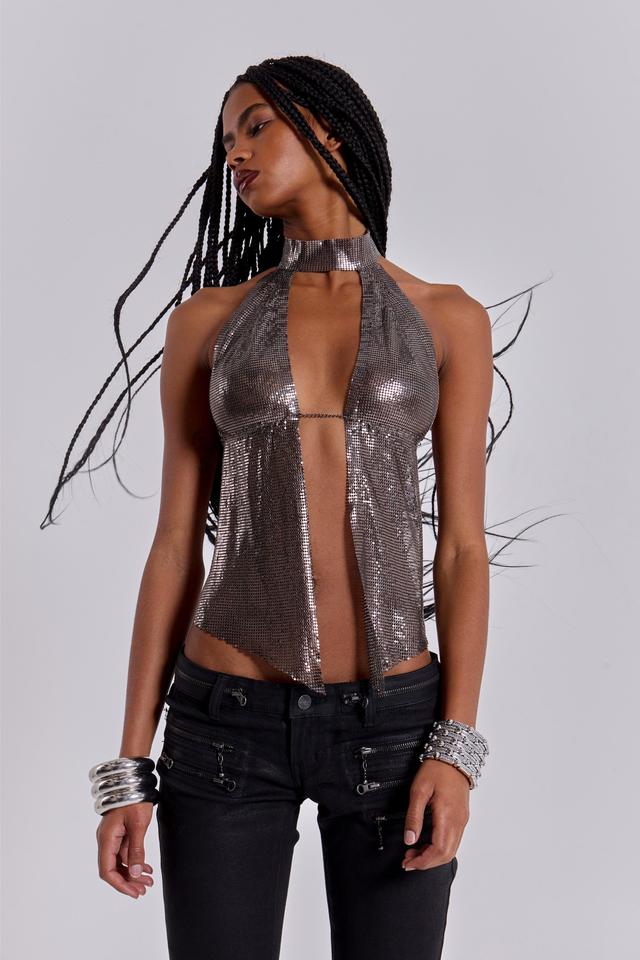 metallic silver chainmail halter neck top