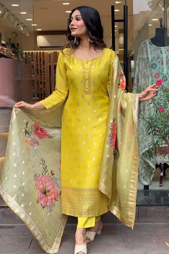 yellow banarasi silk straight kurta set with dupatta
