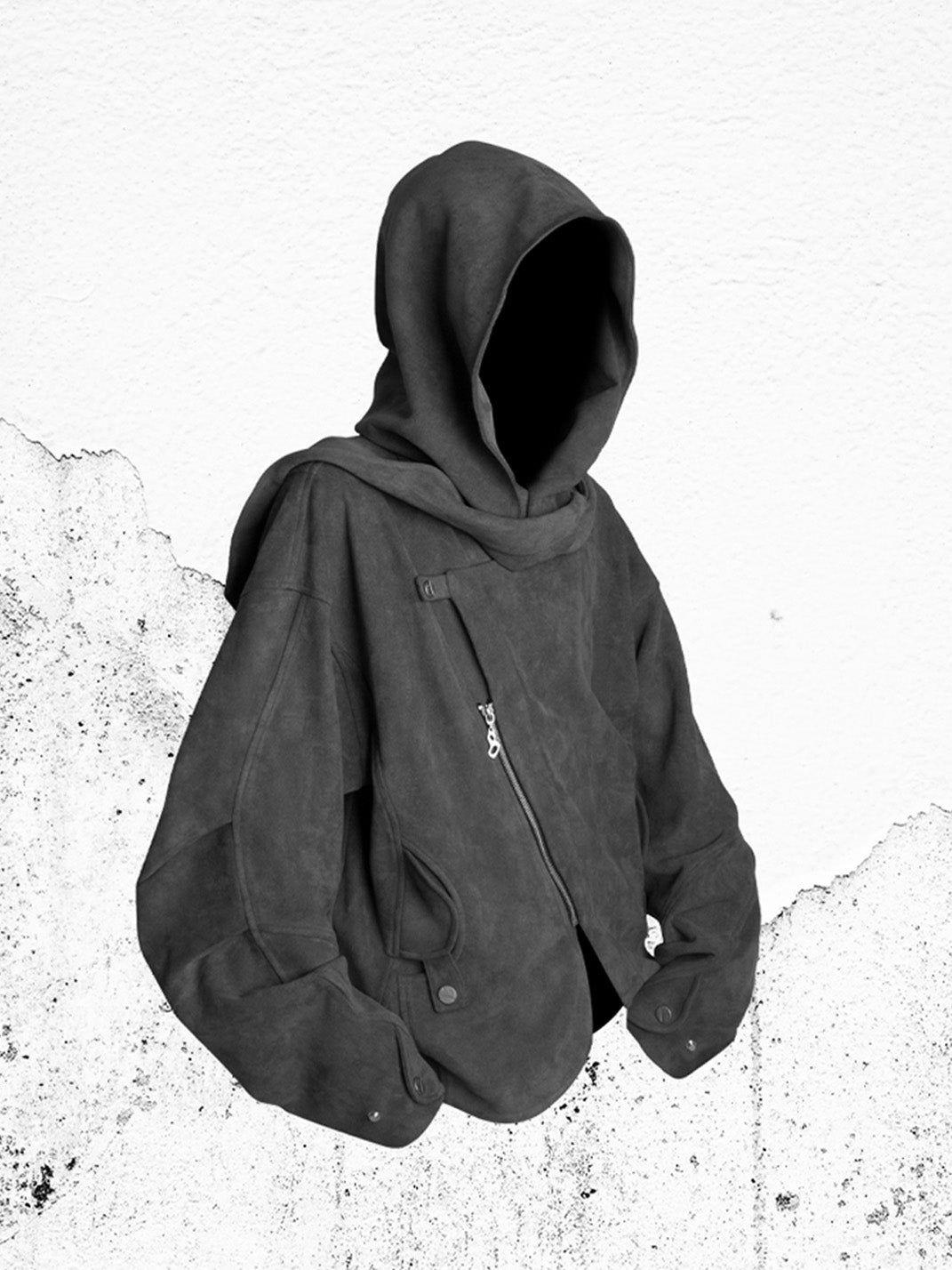 oversized charcoal suede hooded biker jacket