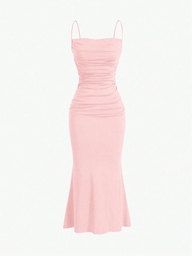 light pink ruched spaghetti strap midi dress