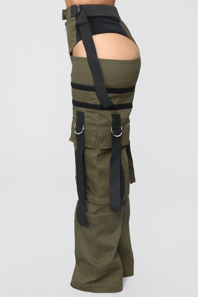 olive utility cargo trousers with cutouts and straps
