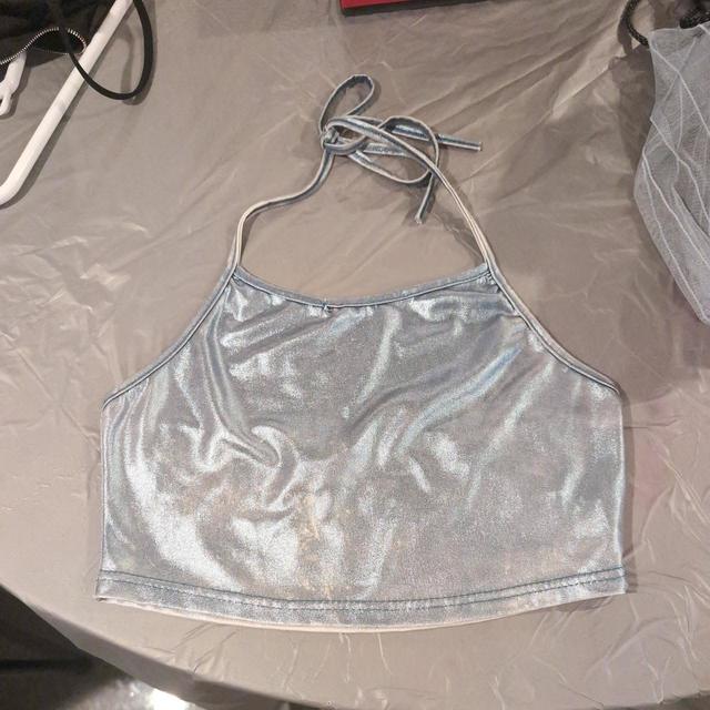shimmering silver metallic halter crop top