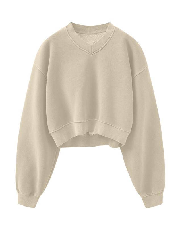 beige v-neck cropped fleece sweatshirt