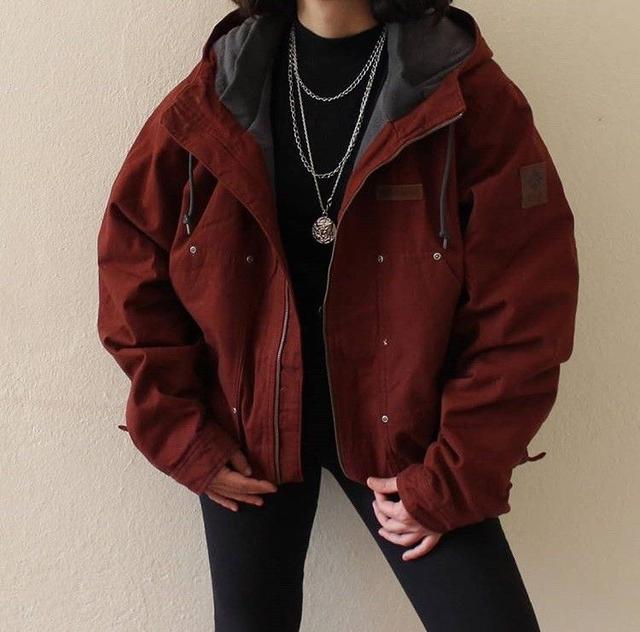 rust red hooded utility jacket with fleece lining
