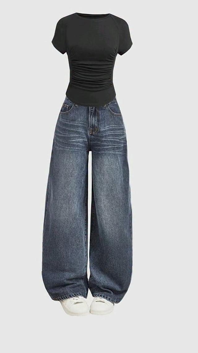 dark wash wide leg denim trousers