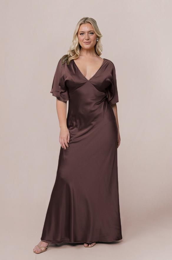 chocolate brown satin v-neck flutter sleeve maxi dress