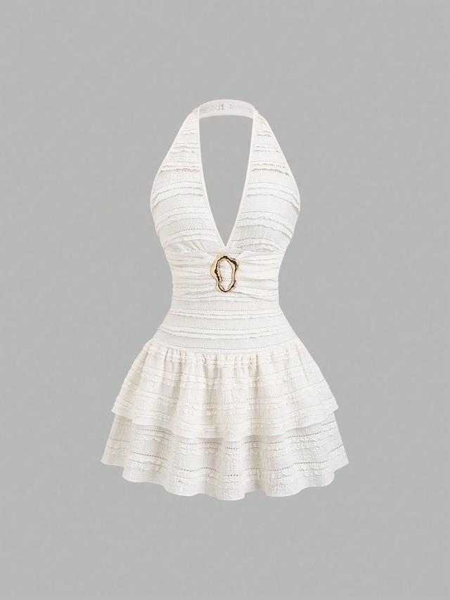 white textured halter mini dress with gold hardware