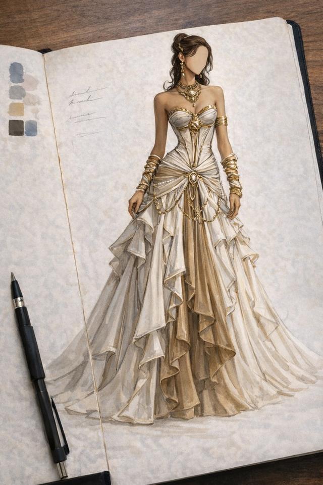 elaborate layered silk corset gown with gold accents
