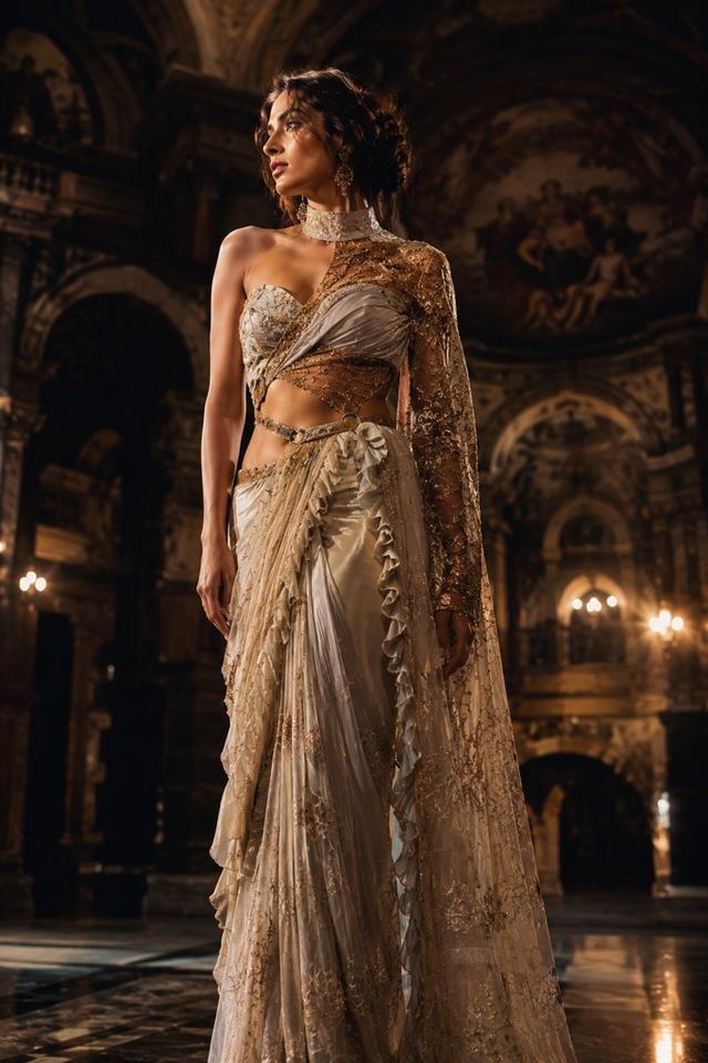 gold embroidered one-shoulder ruffled saree gown