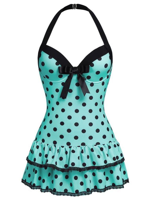 polka dot halter neck ruffled swimsuit