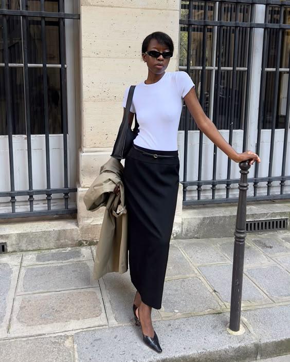 Black Tailored Midi Skirt with Waistband