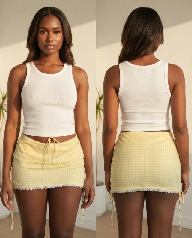 yellow gingham mini skirt with lace trim