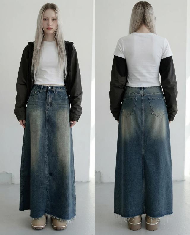 distressed blue denim maxi skirt with raw hem