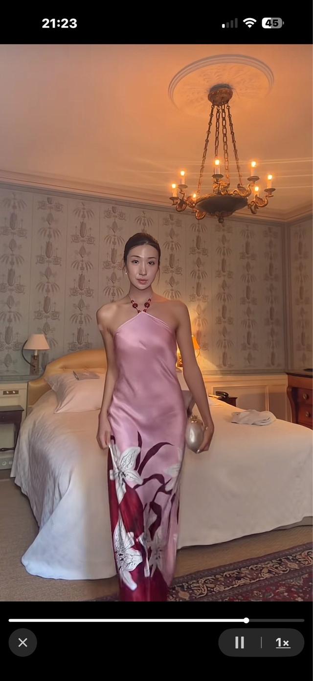 pink floral satin halter neck midi dress