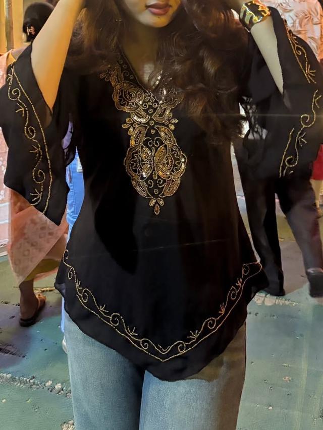black chiffon tunic with gold thread embroidery