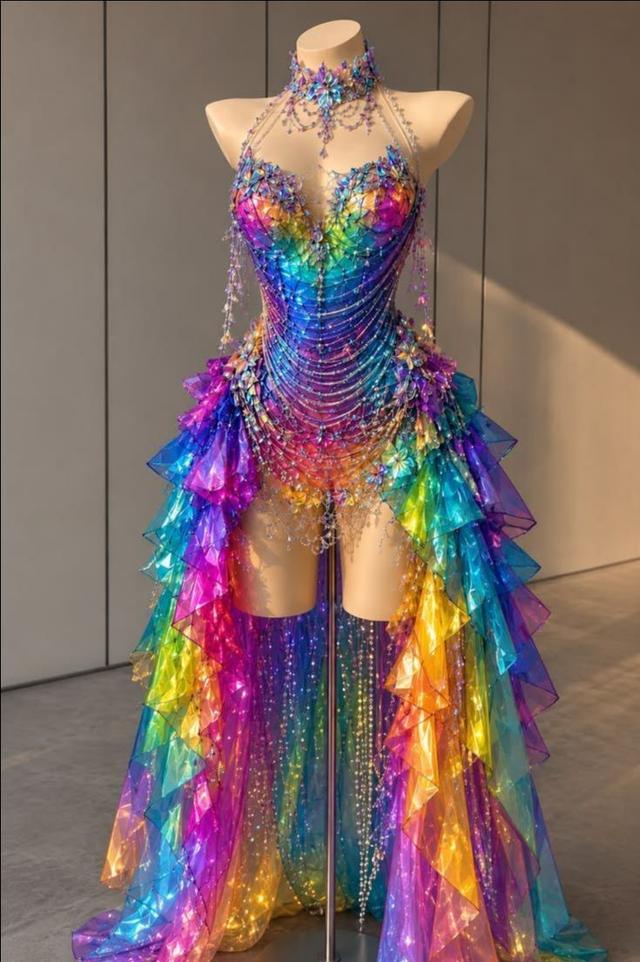 iridescent rainbow ruffled corset dress with crystal embellishments