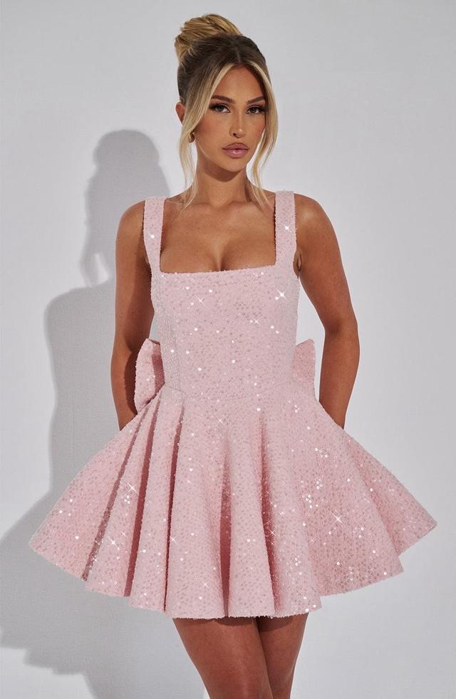 pink sequin square neck mini dress with back bow